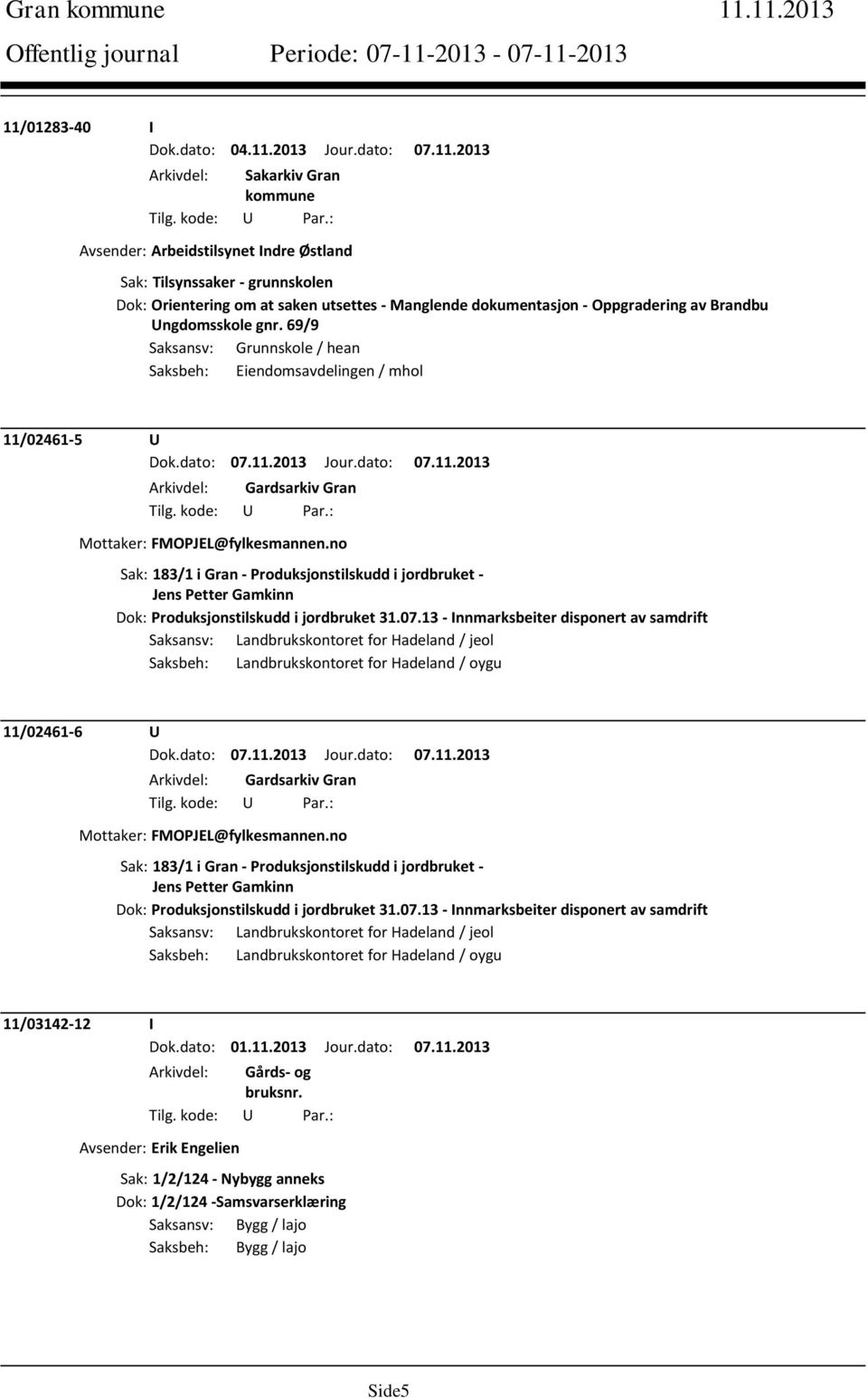 no Sak: 183/1 i Gran - Produksjonstilskudd i jordbruket - Jens Petter Gamkinn Dok: Produksjonstilskudd i jordbruket 31.07.