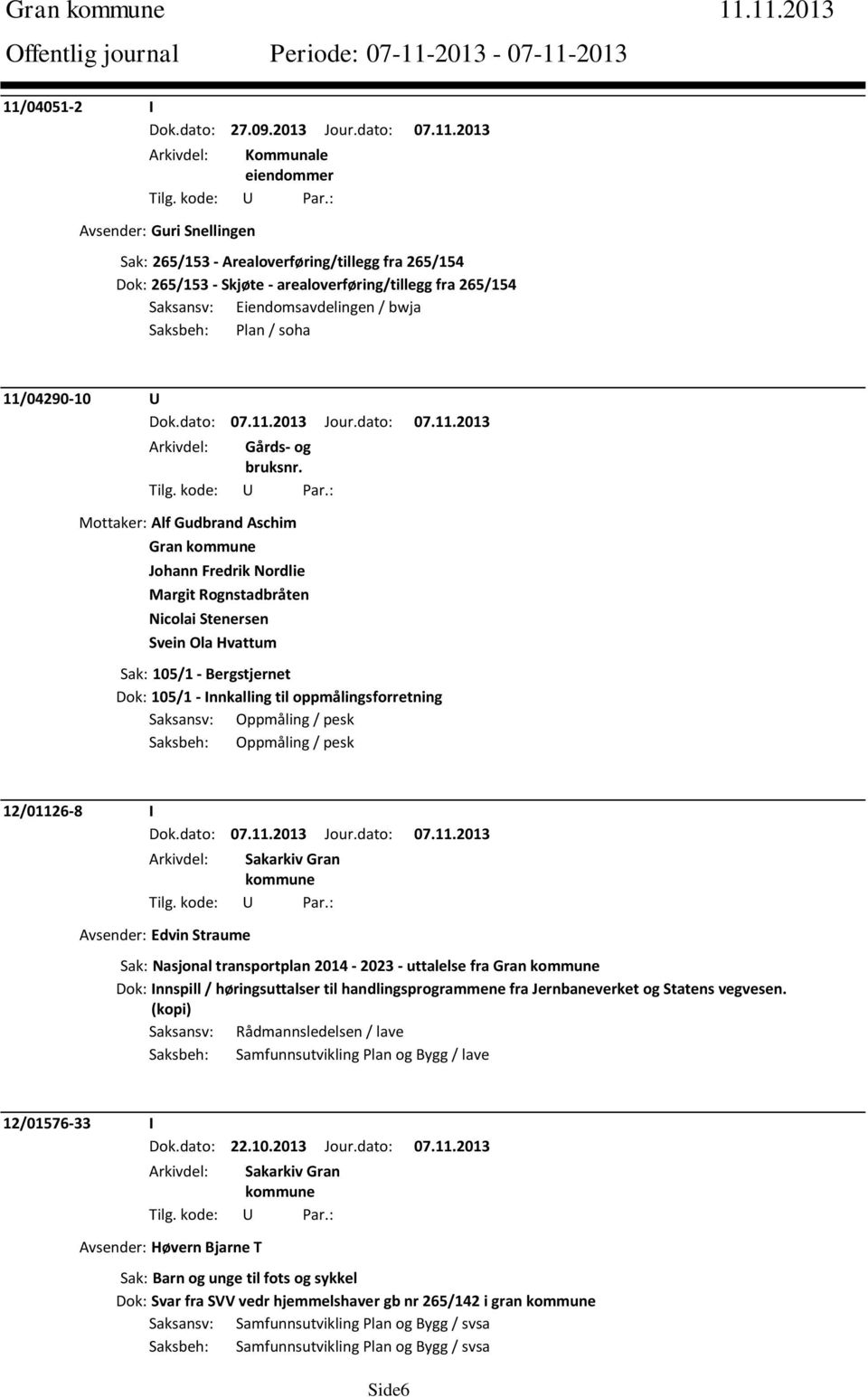 arealoverføring/tillegg fra 265/154 Saksansv: Eiendomsavdelingen / bwja Saksbeh: Plan / soha 11/04290-10 U Mottaker: Alf Gudbrand Aschim Gran Johann Fredrik Nordlie Margit Rognstadbråten Nicolai