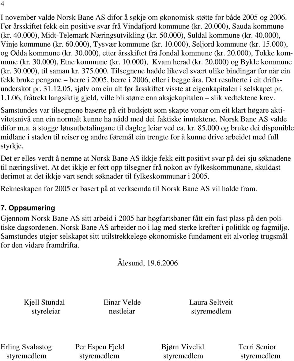 000), etter årsskiftet frå Jondal kommune (kr. 20.000), Tokke kommune (kr. 30.000), Etne kommune (kr. 10.000), Kvam herad (kr. 20.000) og Bykle kommune (kr. 30.000), til saman kr. 375.000. Tilsegnene hadde likevel svært ulike bindingar for når ein fekk bruke pengane berre i 2005, berre i 2006, eller i begge åra.