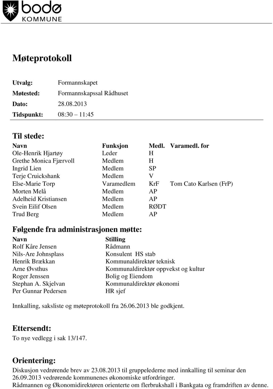 Medlem AP Adelheid Kristiansen Medlem AP Svein Eilif Olsen Medlem RØDT Trud Berg Medlem AP Følgende fra administrasjonen møtte: Navn Rolf Kåre Jensen Nils-Are Johnsplass Henrik Brækkan Arne Øvsthus