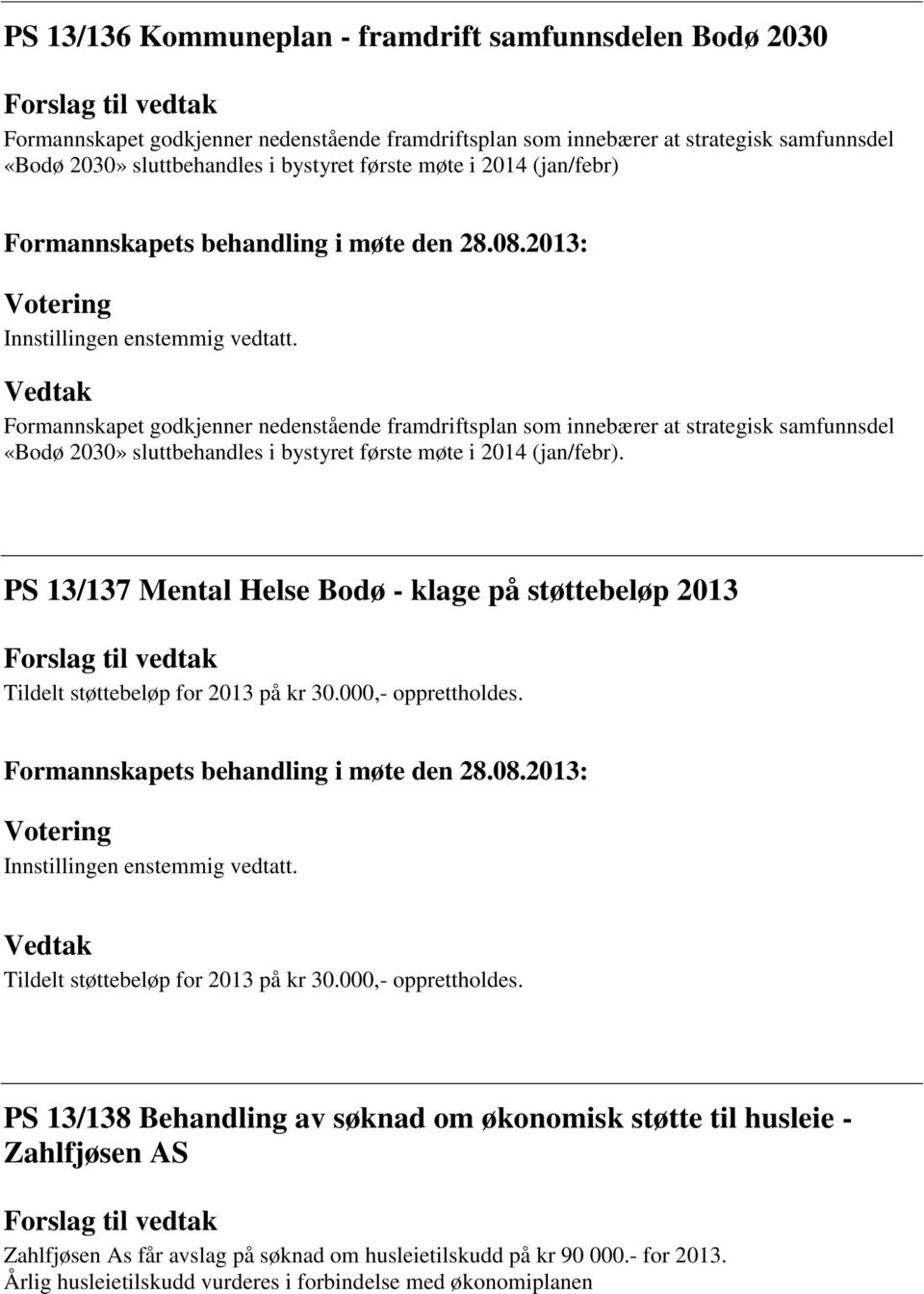 PS 13/137 Mental Helse Bodø - klage på støttebeløp 2013 Tildelt støttebeløp for 2013 på kr 30.000,- opprettholdes.