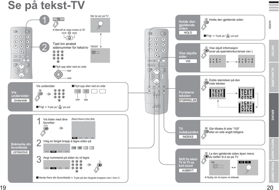 nummeret på siden du vil lagre Hente frem din favorittside Trykk på den fargede knappen som i trinn opp Når du ser på 4 5 6 7 8 0 ZOOM VCR DVD 9 Holde den gjeldende siden HOLD Vise skjulte sider VIS