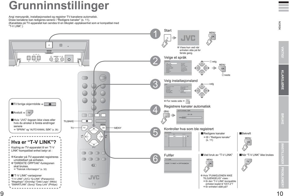 ) Start 9 Til forrige skjermbilde Avslutt Hvis JVC -logoen ikke vises eller hvis du ønsker å foreta endringer senere SRÅK og KANAL SØK (s. 6) Hva er T-V LINK?