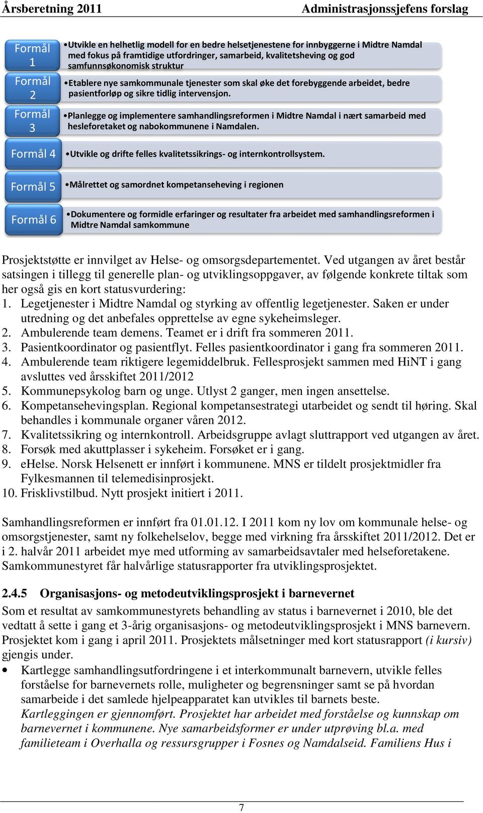 Planlegge og implementere samhandlingsreformen i Midtre Namdal i nært samarbeid med hesleforetaket og nabokommunene i Namdalen. Utvikle og drifte felles kvalitetssikrings- og internkontrollsystem.