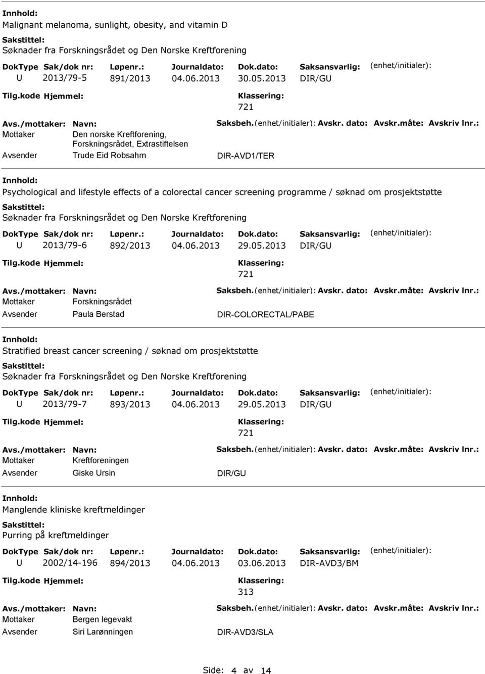 prosjektstøtte 2013/79-6 892/2013 DR/G Avs./mottaker: Navn: Saksbeh. Avskr. dato: Avskr.måte: Avskriv lnr.