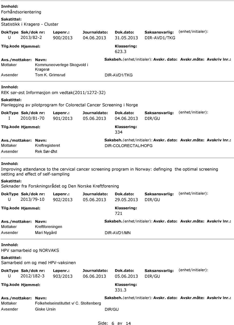 Grimsrud DR-AVD1/TKG REK sør-øst nformasjon om vedtak(2011/1272-32) Planlegging av pilotprogram for Colorectal Cancer Screening i Norge 2010/81-70 901/2013 05.06.2013 DR/G 334 Avs.