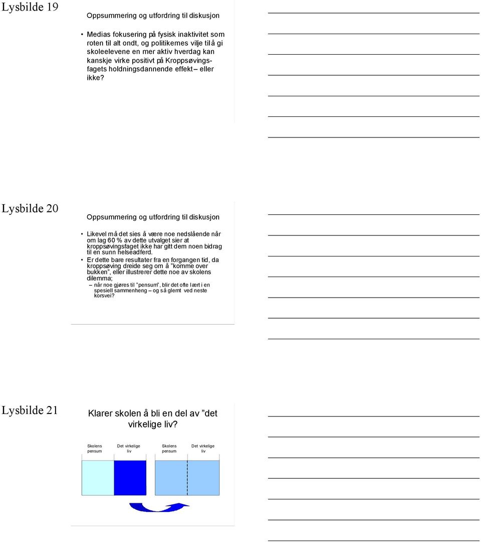 Lysbilde 20 Oppsummering og utfordring til diskusjon Likevel må det sies å være noe nedslående når om lag 60 % av dette utvalget sier at kroppsøvingsfaget ikke har gitt dem noen bidrag til en sunn
