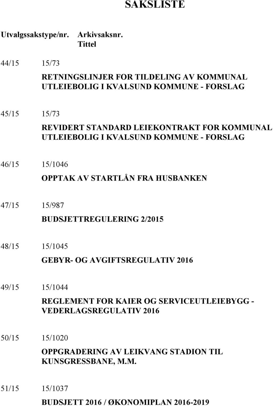 FOR KOMMUNAL UTLEIEBOLIG I KVALSUND KOMMUNE - FORSLAG 46/15 15/1046 OPPTAK AV STARTLÅN FRA HUSBANKEN 47/15 15/987 BUDSJETTREGULERING 2/2015