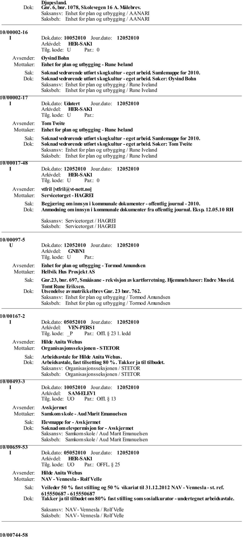 dato: Udatert Jour.dato: Tom Tveite Enhet for plan og utbygging - Rune Iveland Søknad vedrørende utført skogkultur - eget arbeid. Samlemappe for 2010.