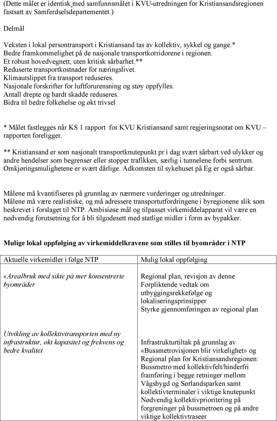 Et robust hovedvegnett, uten kritisk sårbarhet.** Reduserte transportkostnader for næringslivet. Klimautslippet fra transport reduseres. Nasjonale forskrifter for luftforurensning og støy oppfylles.