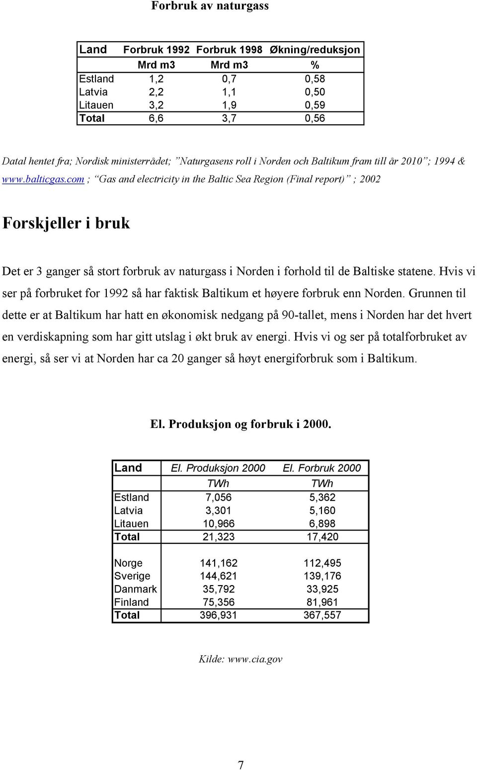 com ; Gas and electricity in the Baltic Sea Region (Final report) ; 2002 Forskjeller i bruk Det er 3 ganger så stort forbruk av naturgass i Norden i forhold til de Baltiske statene.