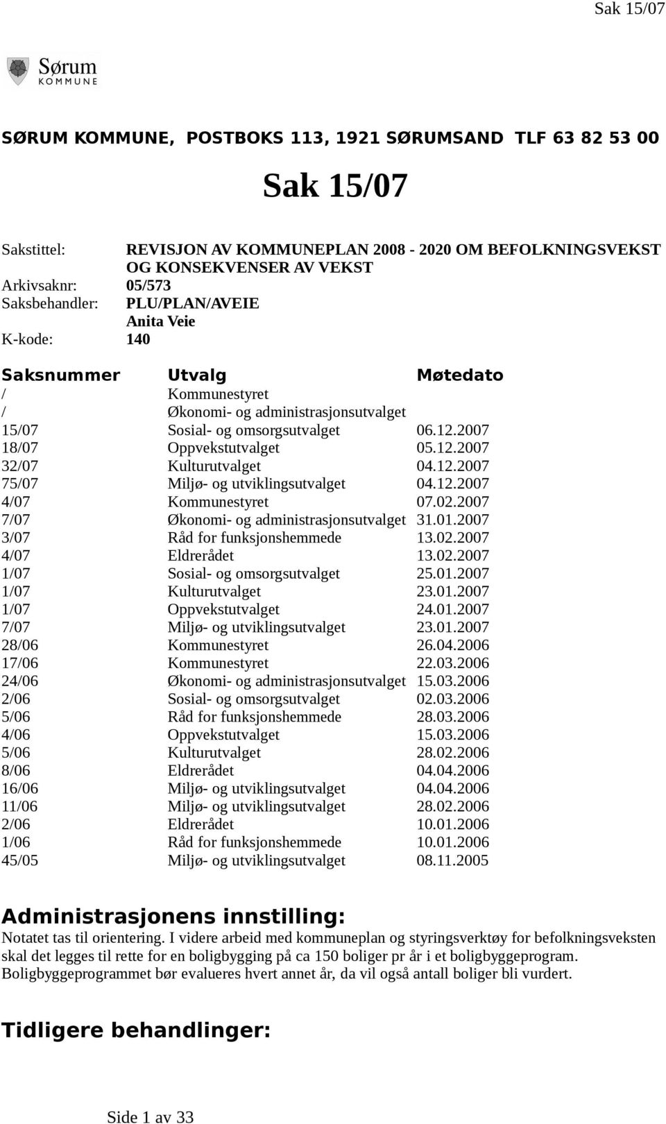 12.2007 32/07 Kulturutvalget 04.12.2007 75/07 Miljø- og utviklingsutvalget 04.12.2007 4/07 Kommunestyret 07.02.2007 7/07 Økonomi- og administrasjonsutvalget 31.01.