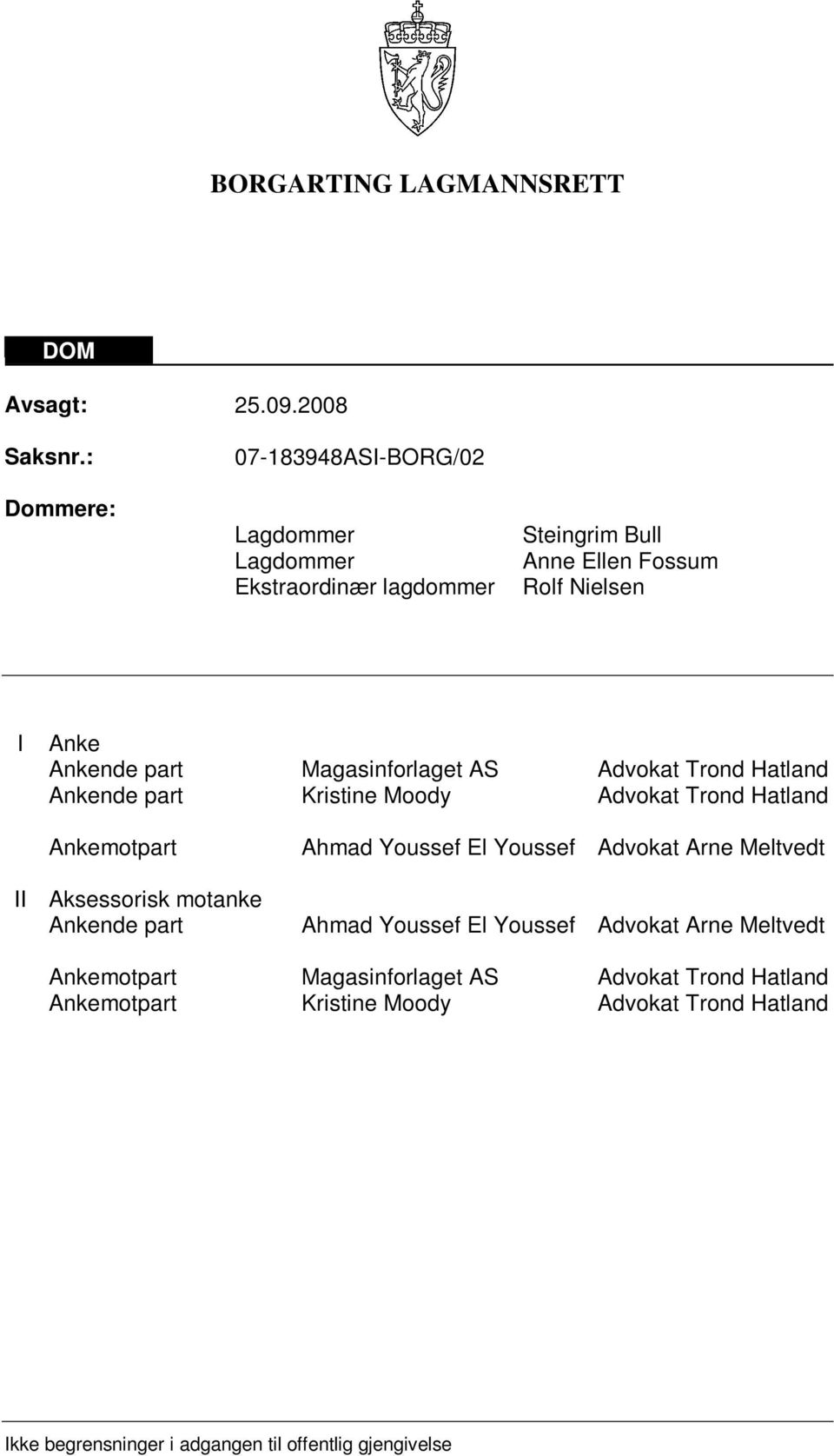 Magasinforlaget AS Advokat Trond Hatland Ankende part Kristine Moody Advokat Trond Hatland Ankemotpart II Aksessorisk motanke Ankende part Ahmad