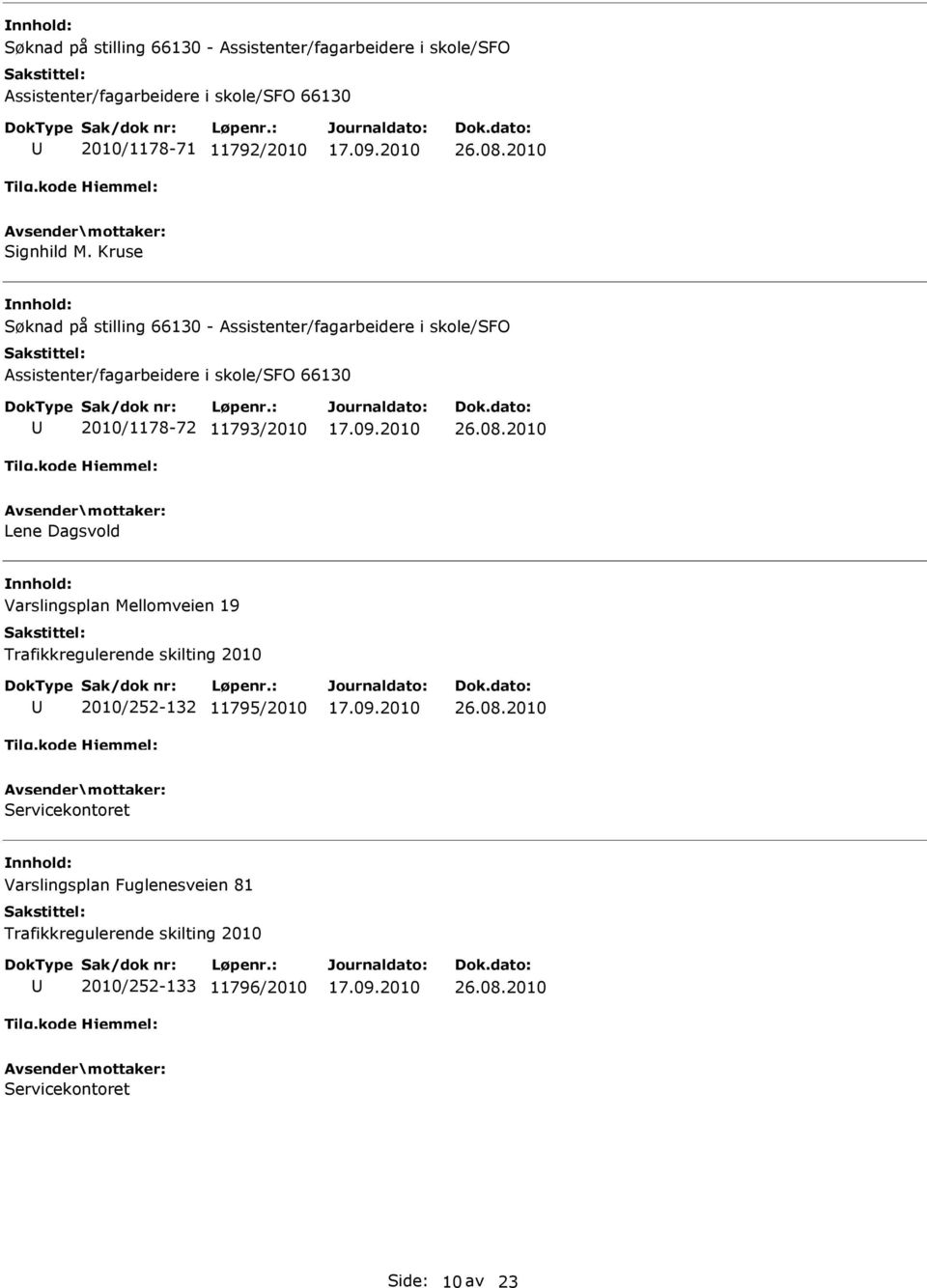 Trafikkregulerende skilting 2010 2010/252-132 11795/2010 Servicekontoret