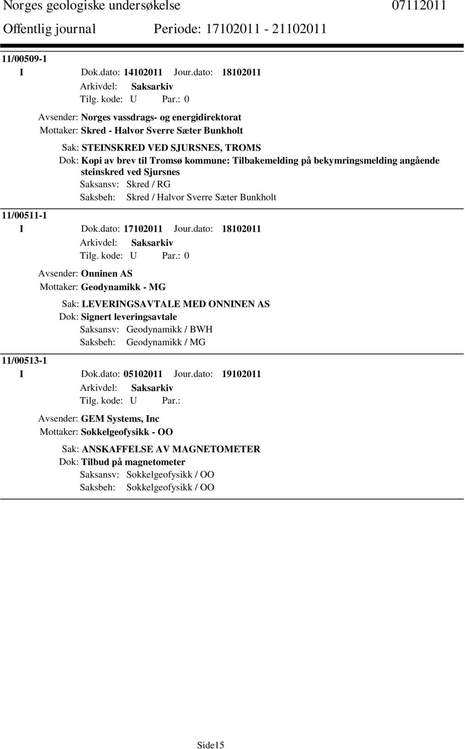 på bekymringsmelding angående steinskred ved Sjursnes Saksansv: Skred / RG Saksbeh: Skred / Halvor Sverre Sæter Bunkholt 11/00511-1 I Dok.dato: 17102011 Jour.