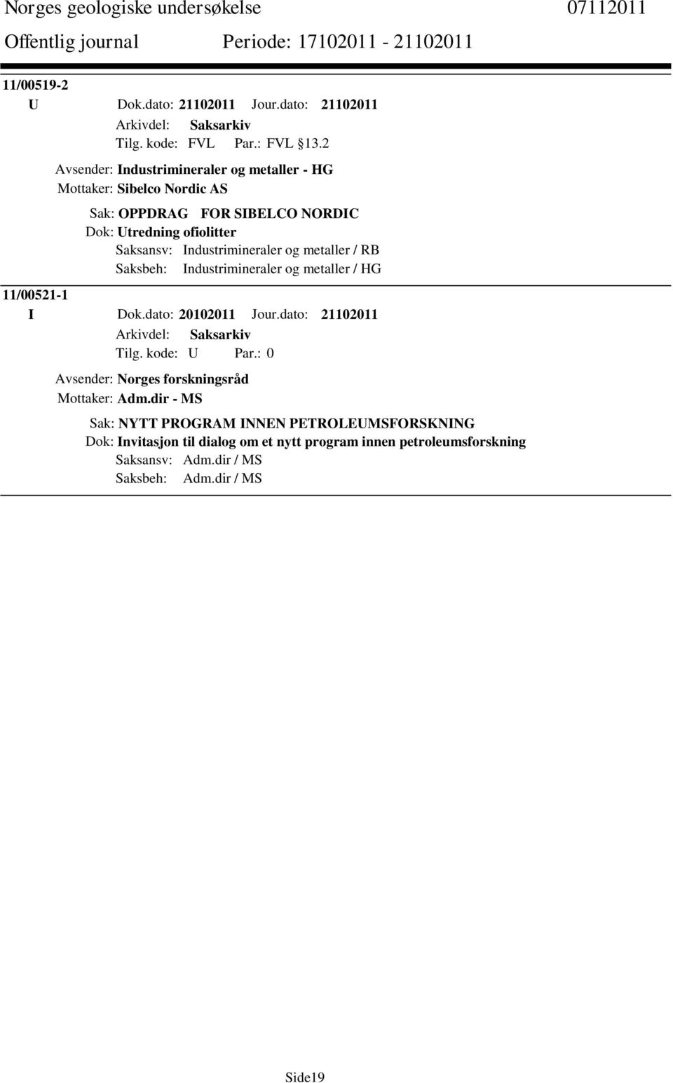 Industrimineraler og metaller / RB Saksbeh: Industrimineraler og metaller / HG 11/00521-1 I Dok.dato: 20102011 Jour.