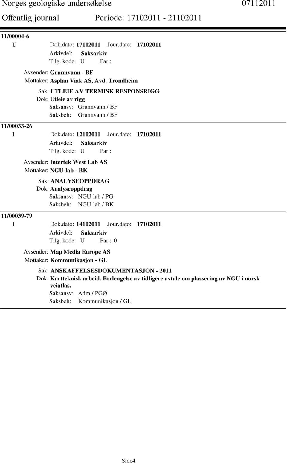 dato: 17102011 Avsender: Intertek West Lab AS Mottaker: NGU-lab - BK Sak: ANALYSEOPPDRAG Dok: Analyseoppdrag Saksansv: NGU-lab / PG Saksbeh: NGU-lab / BK 11/00039-79 I Dok.