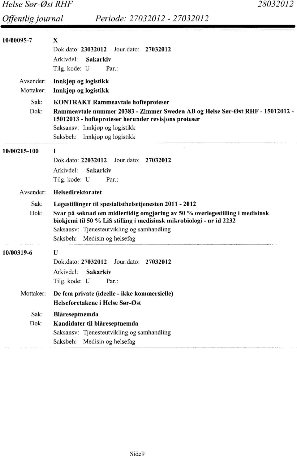 15012013 - hofteproteser herunder revisjons proteser Innkjøp og logistikk Innkjøp og logistikk 10/00215-100I Dok.dato: 22032012 Jour.dato: 27032012 Tilg. kode: UPar.