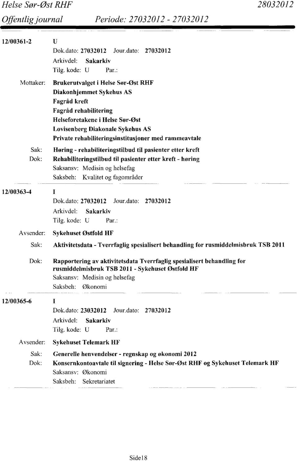 helsefag Kvalitet og fagområder 12/00363-4 Avsender: Sykehuset Østfold HF Sak: Aktivitetsdata - Tverrfaglig spesialisert behandling for rusmiddelmisbruk TSB 2011 Dok: Rapportering av aktivitetsdata