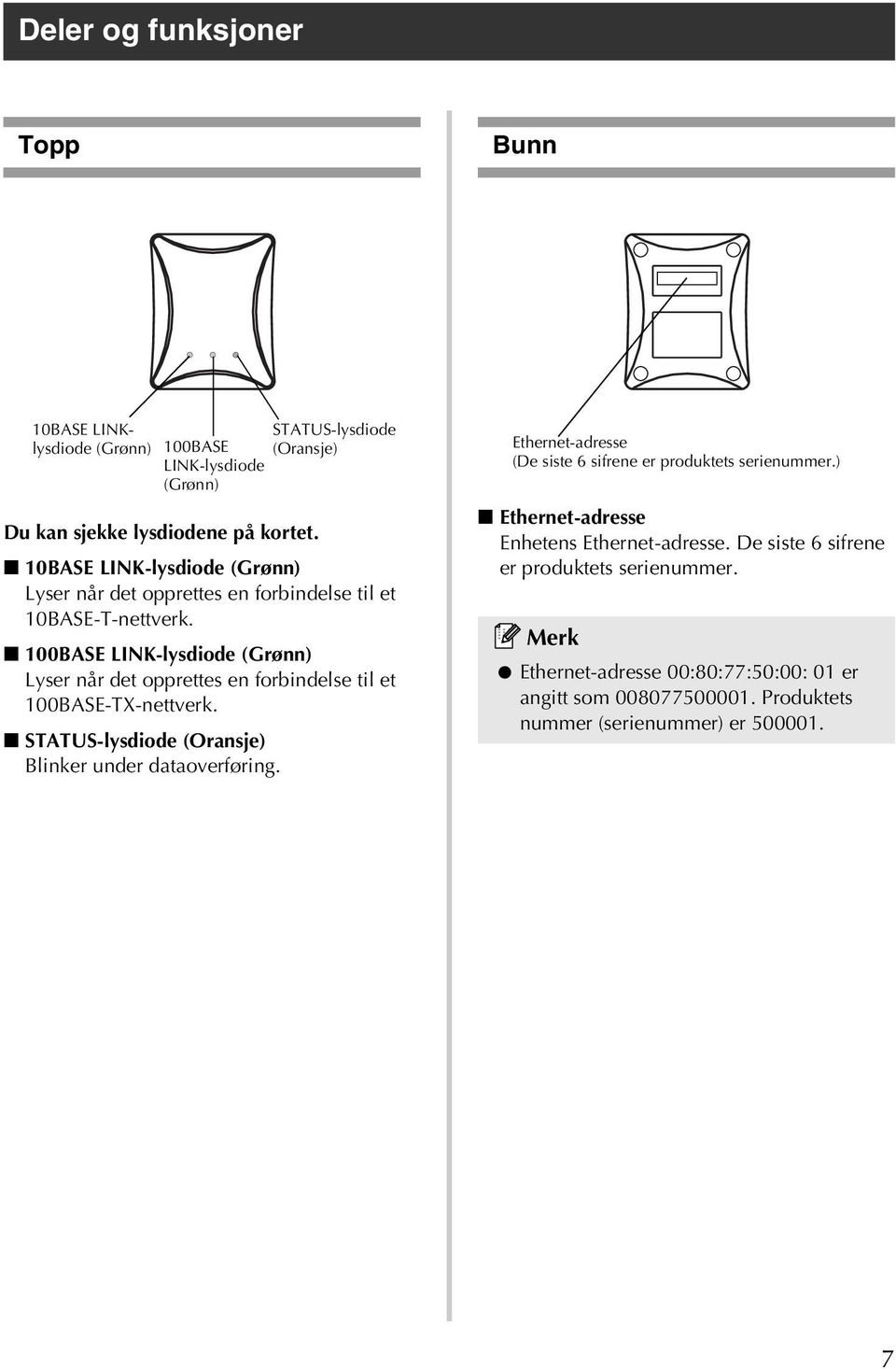 100BASE LINK-lysdiode (Grønn) Lyser når det opprettes en forbindelse til et 100BASE-TX-nettverk. STATUS-lysdiode (Oransje) Blinker under dataoverføring.