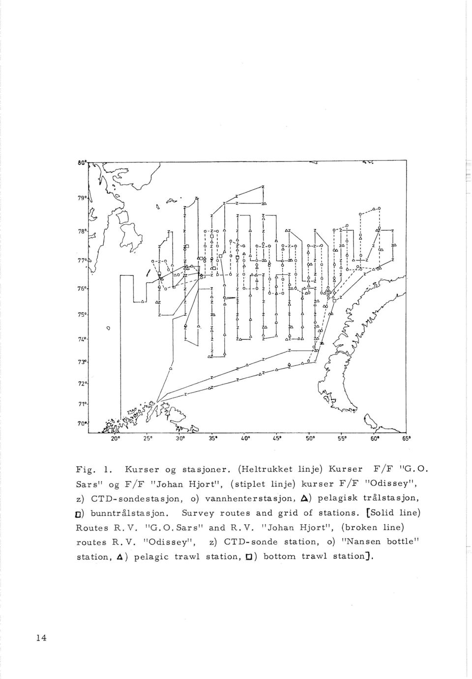 pelagisk trålstasjon, 0) bunntrålstasjon. Survey routes and grid of stations. [Solid line) Routes R, V. "G.