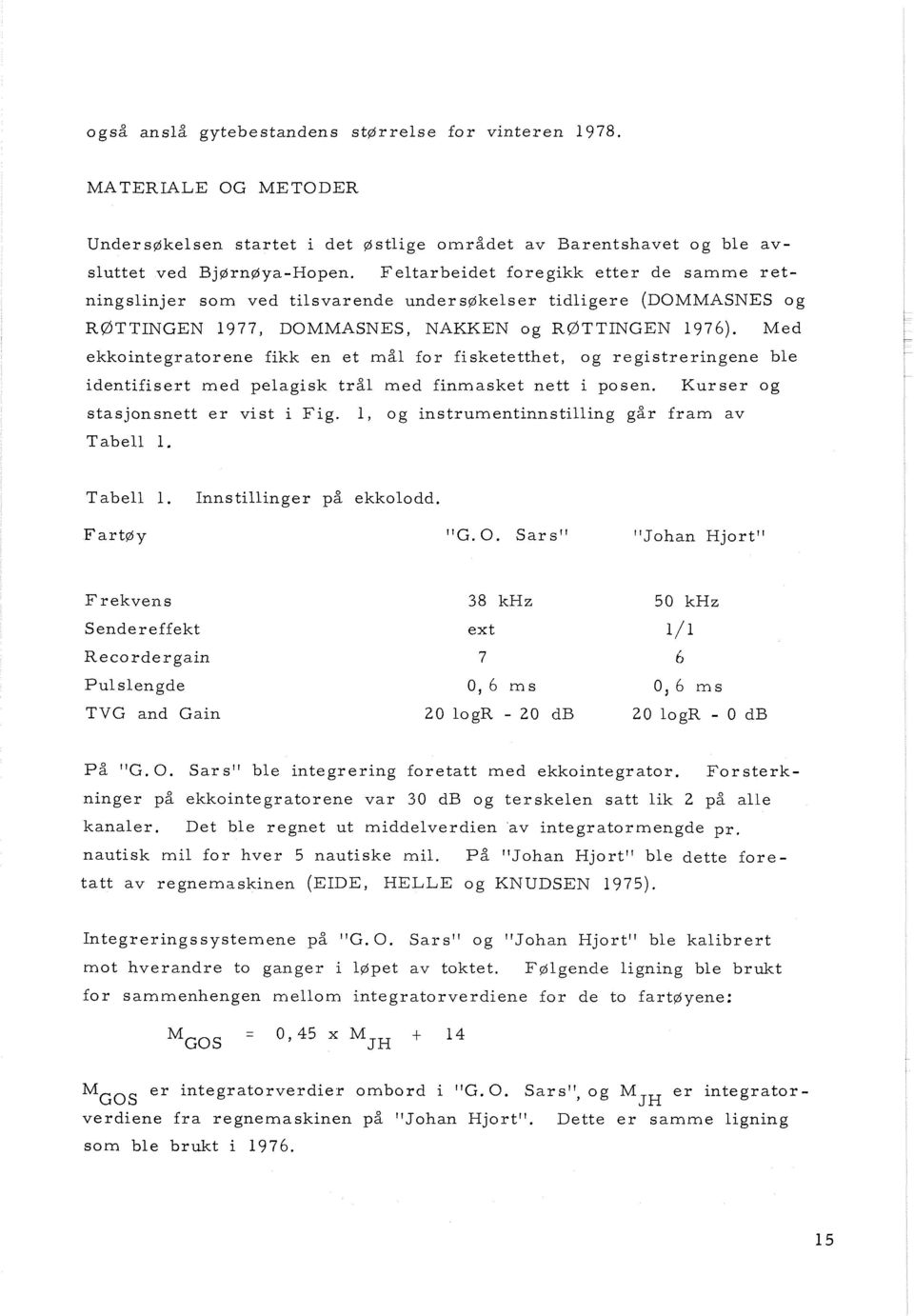 Med ekkointegratorene fikk en et mål for fisketetthet, og registreringene ble identifisert med pelagisk trål med finmasket nett i posen. Kurser og stasjonsnett er vist i Fig.