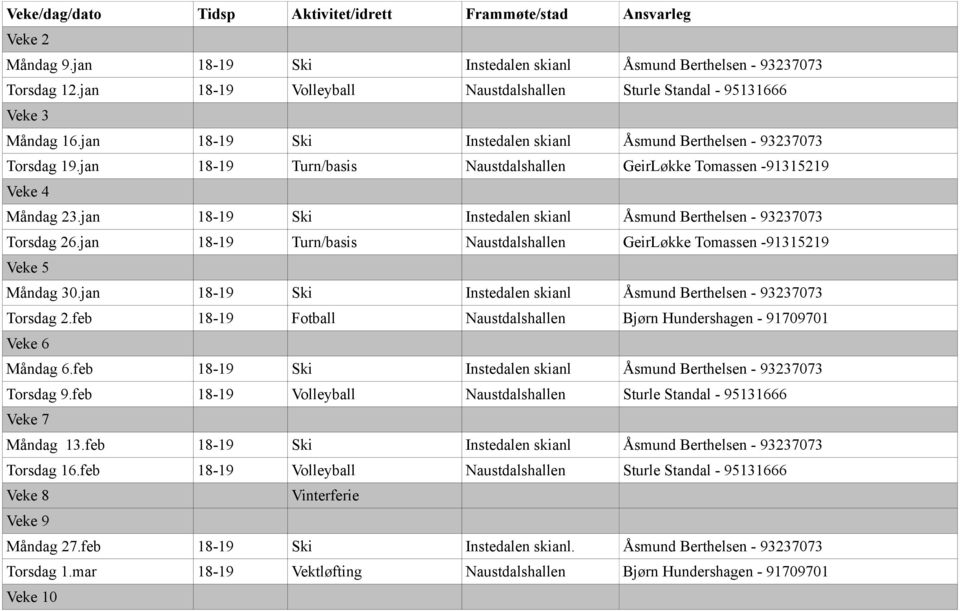 jan 18-19 Ski Instedalen skianl Åsmund Berthelsen - 93237073 Torsdag 26.jan 18-19 Turn/basis Naustdalshallen GeirLøkke Tomassen -91315219 Veke 5 Måndag 30.