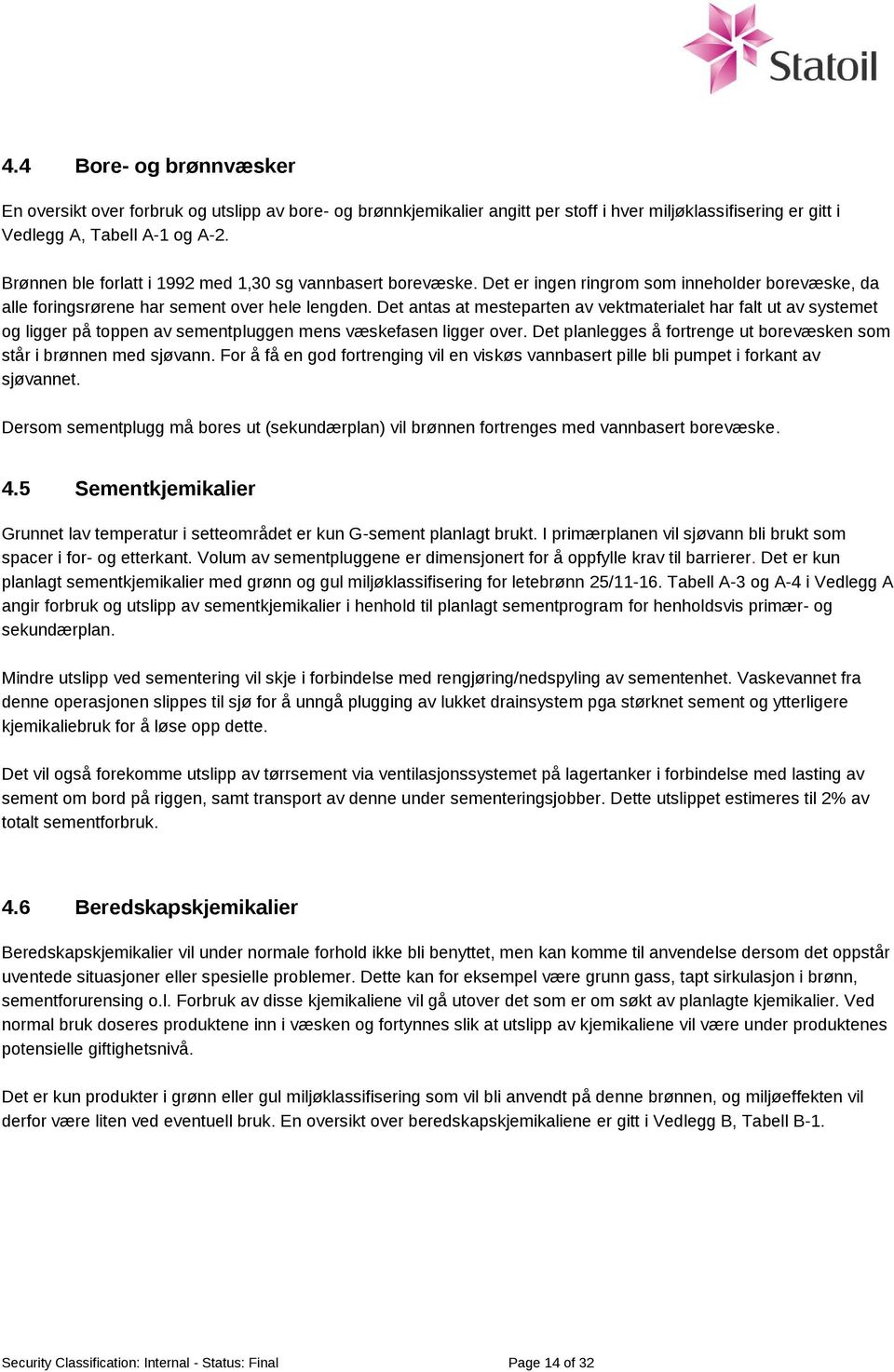 Det antas at mesteparten av vektmaterialet har falt ut av systemet og ligger på toppen av sementpluggen mens væskefasen ligger over.