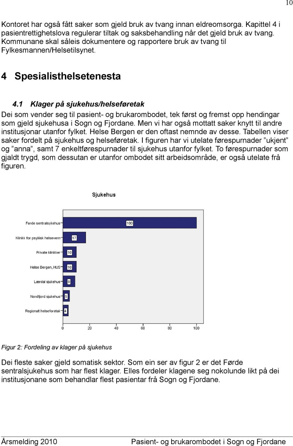 1 Klager på sjukehus/helseføretak Dei som vender seg til pasient- og brukarombodet, tek først og fremst opp hendingar som gjeld sjukehusa i Sogn og Fjordane.