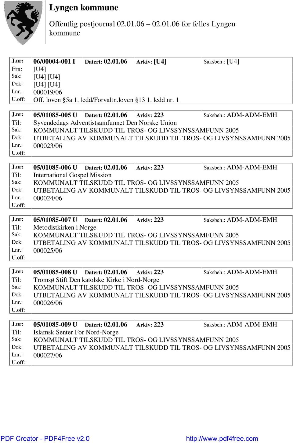 : 000024/06 J.nr: 05/01085-007 U Datert: 02.01.06 Arkiv: 223 Saksbeh.: ADM-ADM-EMH Til: Metodistkirken i Norge Lnr.: 000025/06 J.nr: 05/01085-008 U Datert: 02.01.06 Arkiv: 223 Saksbeh.: ADM-ADM-EMH Til: Tromsø Stift Den katolske Kirke i Nord-Norge Lnr.