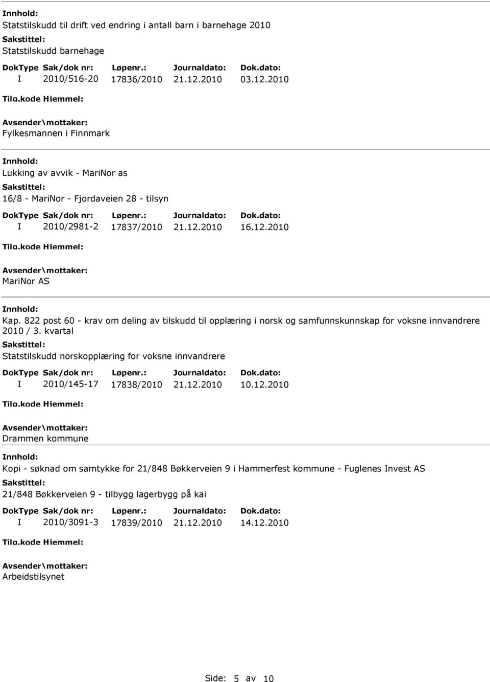 822 post 60 - krav om deling av tilskudd til opplæring i norsk og samfunnskunnskap for voksne innvandrere 2010 / 3.