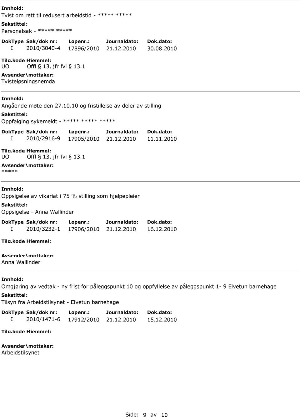 11.2010 nnhold: Oppsigelse av vikariat i 75 % stilling som hjelpepleier Oppsigelse - Anna Wallinder 2010/3232-1 17906/2010 16.12.