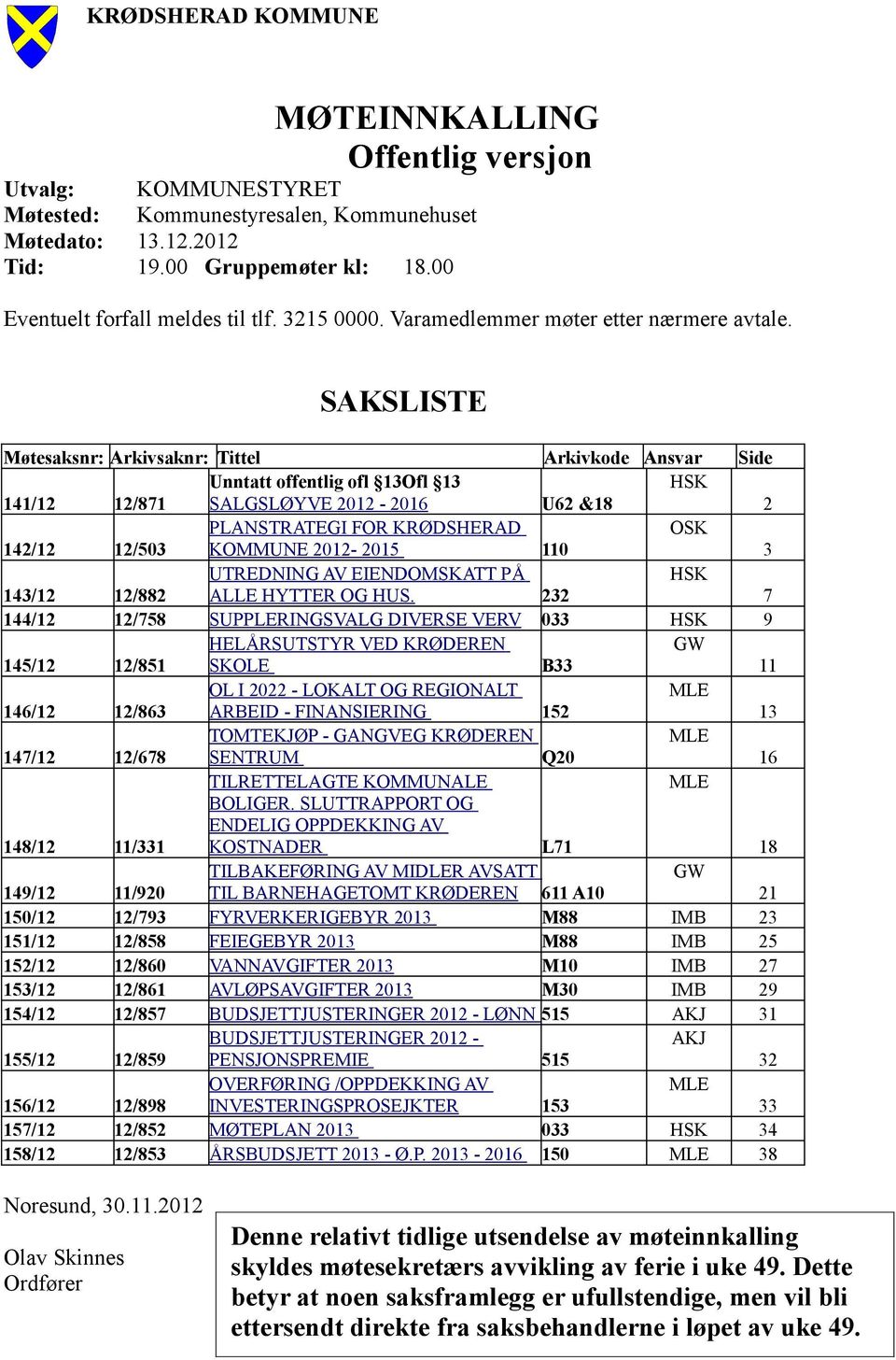 SAKSLISTE Møtesaksnr: Arkivsaknr: Tittel Arkivkode Ansvar Side Unntatt offentlig ofl 13Ofl 13 HSK 141/12 12/871 SALGSLØYVE 2012-2016 U62 &18 2 PLANSTRATEGI FOR KRØDSHERAD OSK 142/12 12/503 KOMMUNE