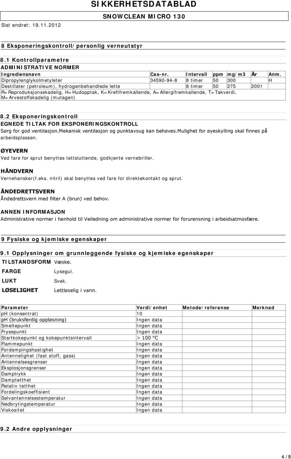 A=Allergifremkallende, T=Takverdi, M=Arvestoffskadelig (mutagen) 8.2 Eksponeringskontroll EGNEDE TILTAK FOR EKSPONERINGSKONTROLL Sørg for god ventilasjon.