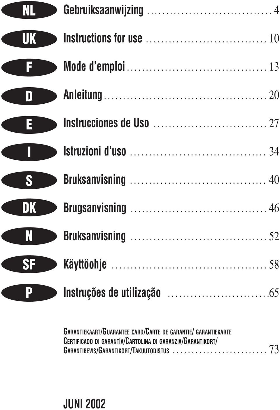 ................................... 46 Bruksanvisning.................................... 52 Käyttöohje......................................... 58 Instruções de utilização.