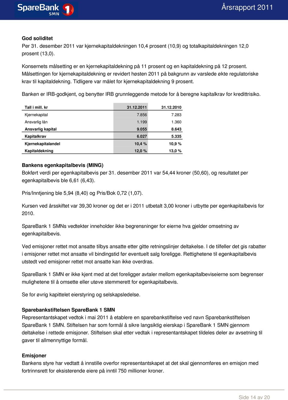 Målsettingen for kjernekapitaldekning er revidert høsten 2011 på bakgrunn av varslede økte regulatoriske krav til kapitaldekning. Tidligere var målet for kjernekapitaldekning 9 prosent.