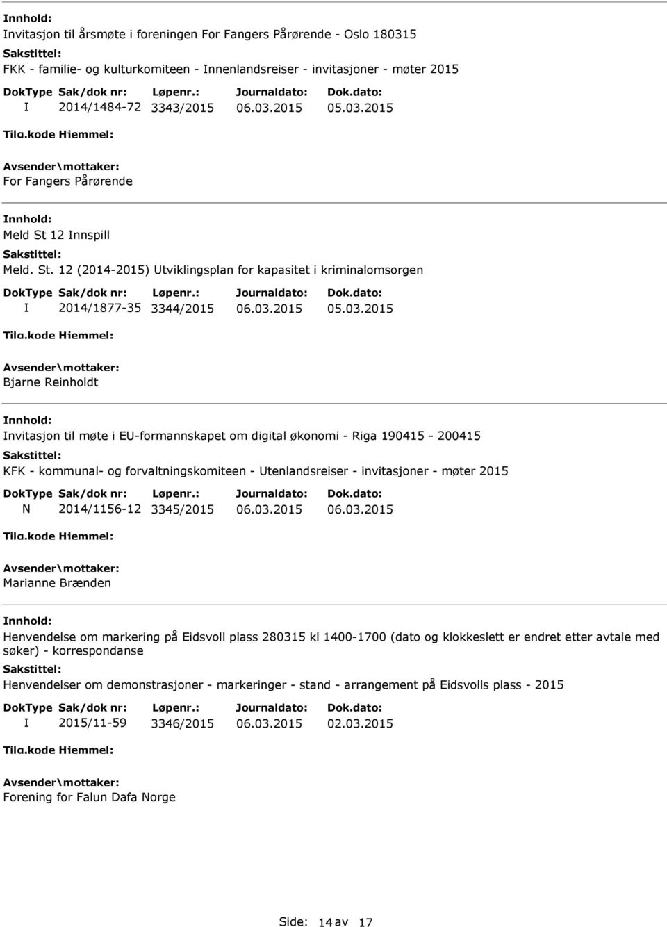 12 (2014-2015) tviklingsplan for kapasitet i kriminalomsorgen 2014/1877-35 3344/2015 Bjarne Reinholdt nvitasjon til møte i E-formannskapet om digital økonomi - Riga 190415-200415 KFK - kommunal- og