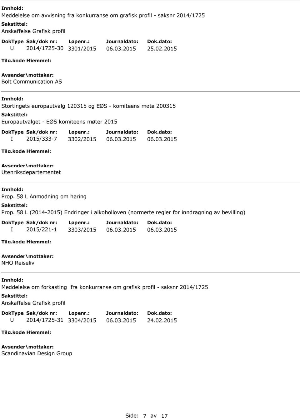 møter 2015 2015/333-7 3302/2015 tenriksdepartementet Prop. 58 L Anmodning om høring Prop.