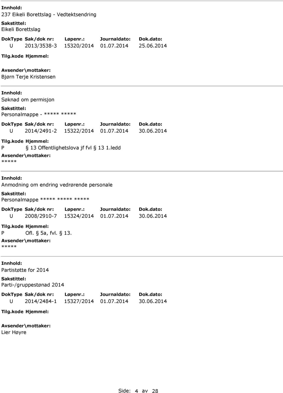 Anmodning om endring vedrørende personale ersonalmappe 2008/2910-7 15324/2014 Ofl.