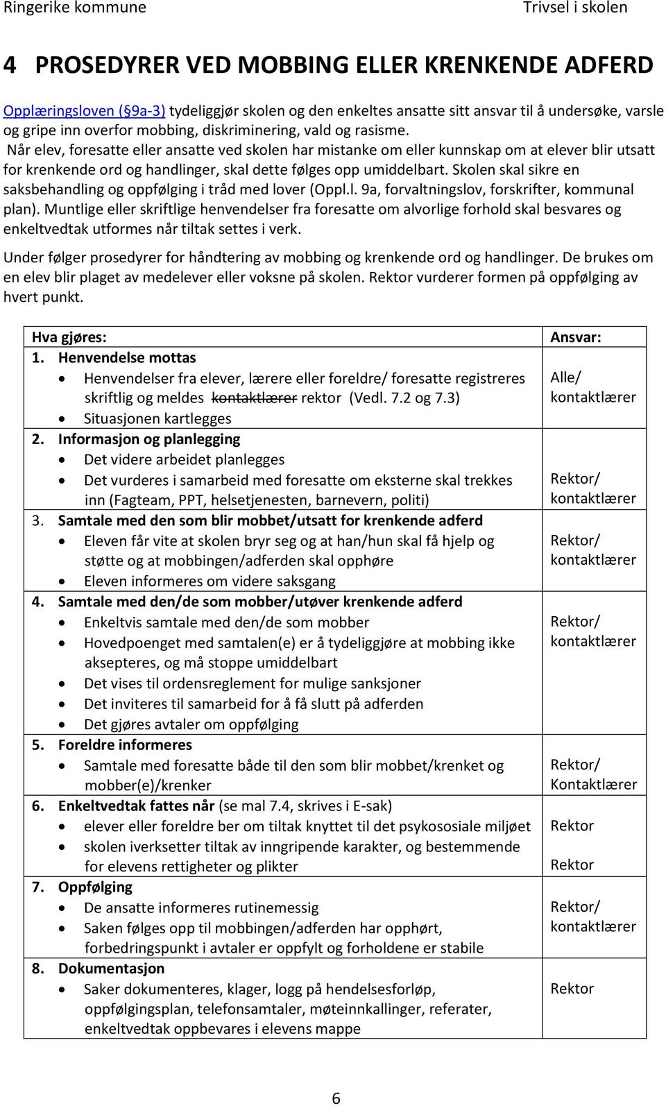 Skolen skal sikre en saksbehandling og oppfølging i tråd med lover (Oppl.l. 9a, forvaltningslov, forskrifter, kommunal plan).