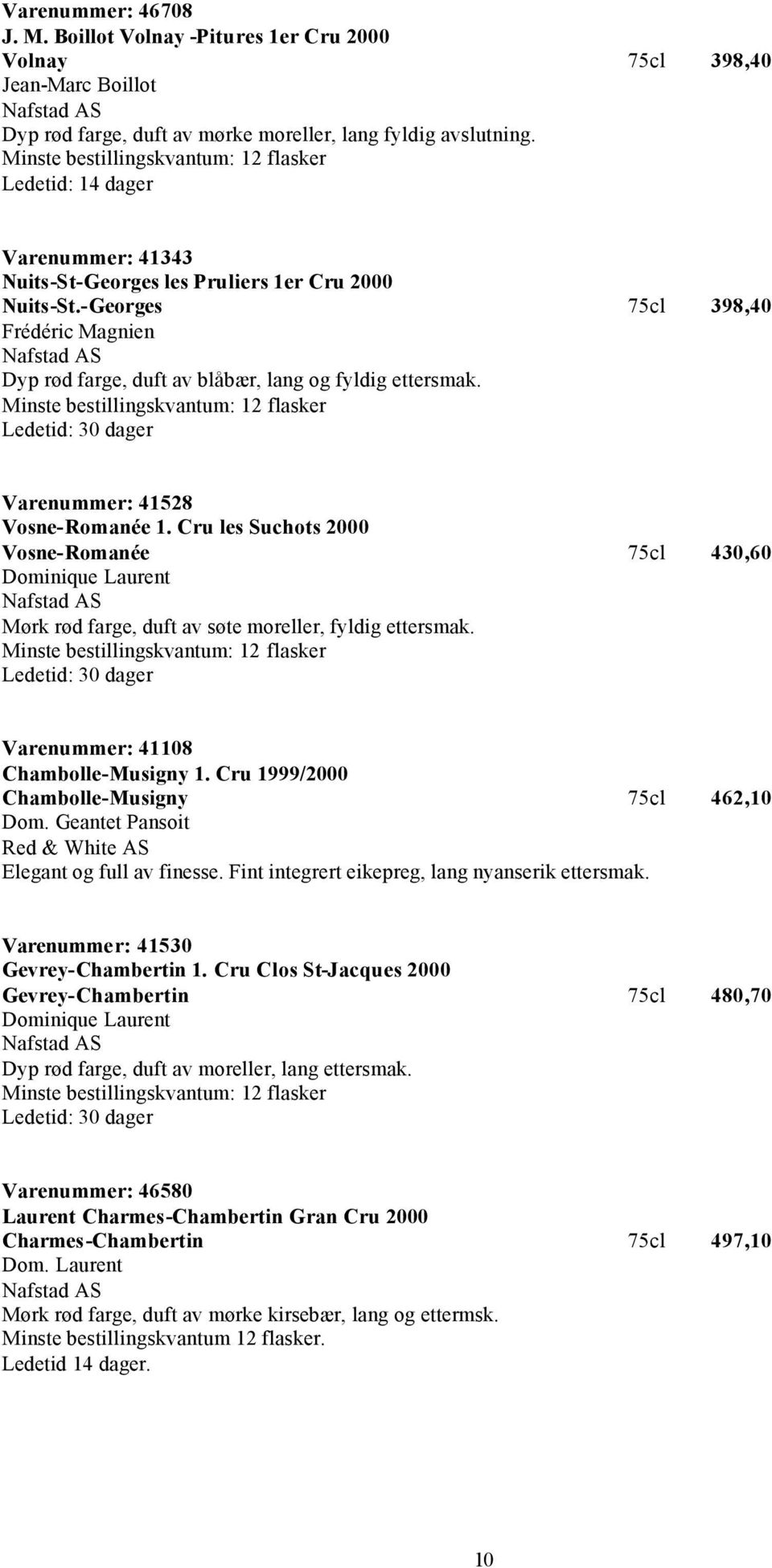 Ledetid: 30 dager Varenummer: 41528 Vosne-Romanée 1. Cru les Suchots 2000 Vosne-Romanée 75cl 430,60 Dominique Laurent Mørk rød farge, duft av søte moreller, fyldig ettersmak.