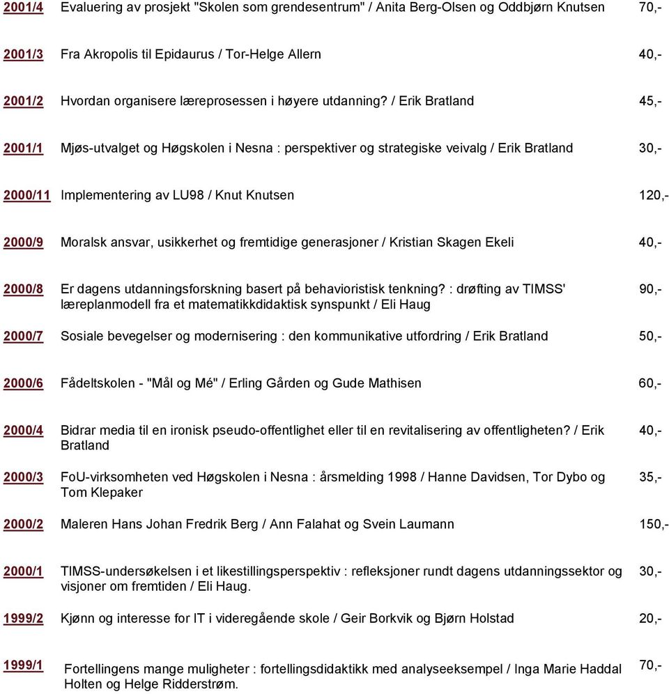 / Erik Bratland 45,- 2001/1 Mjøs-utvalget og Høgskolen i Nesna : perspektiver og strategiske veivalg / Erik Bratland 30,- 2000/11 Implementering av LU98 / Knut Knutsen 120,- 2000/9 Moralsk ansvar,