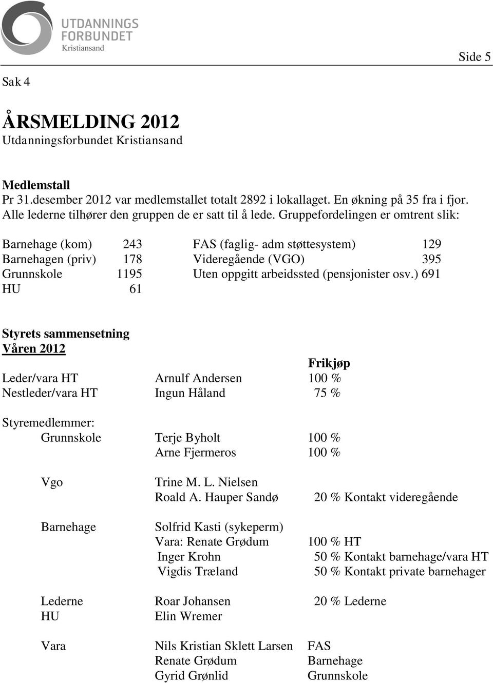 Gruppefordelingen er omtrent slik: Barnehage (kom) 243 FAS (faglig- adm støttesystem) 129 Barnehagen (priv) 178 Videregående (VGO) 395 Grunnskole 1195 Uten oppgitt arbeidssted (pensjonister osv.