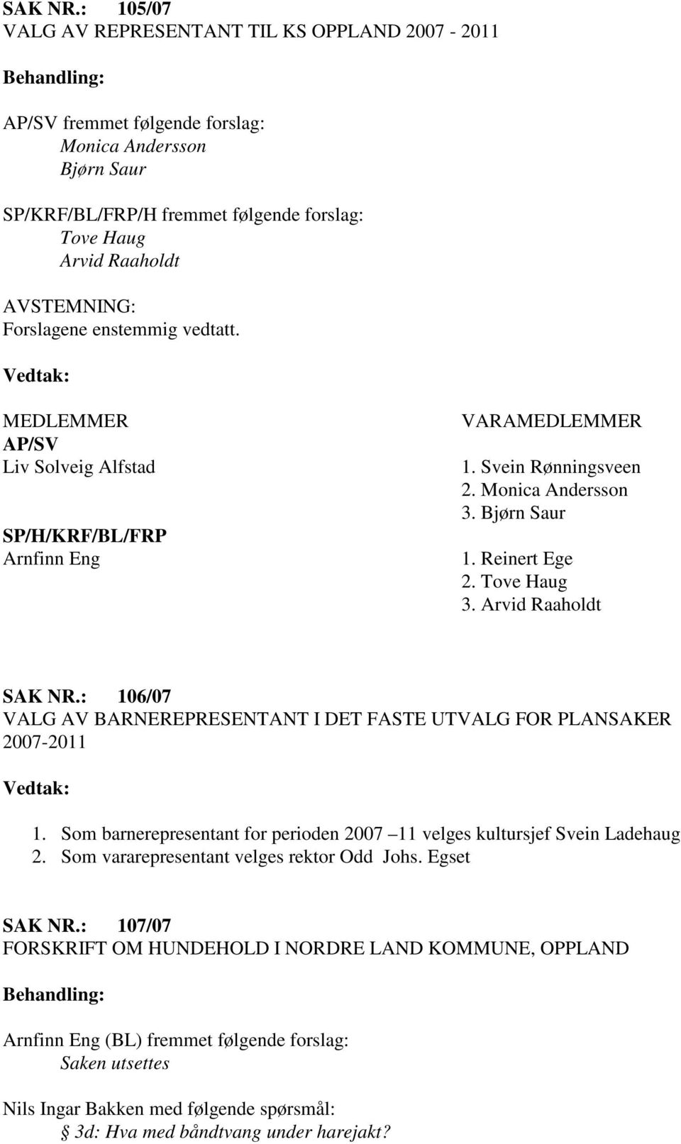 Forslagene enstemmig vedtatt. MEDLEMMER AP/SV Liv Solveig Alfstad SP/H/KRF/BL/FRP Arnfinn Eng VARAMEDLEMMER 1. Svein Rønningsveen 2. Monica Andersson 3. Bjørn Saur 1. Reinert Ege 2. Tove Haug 3.