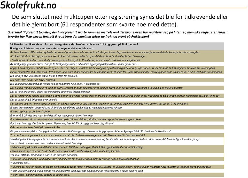 det han/hun spiser av frukt og grønt på Fruktcupen? 20: Hvorfor har ikke eleven fortsatt å registrere det han/hun spiser av frukt og grønt på Fruktcupen?