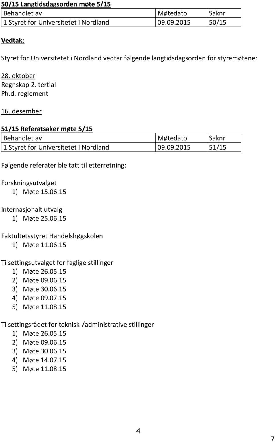 desember 51/15 Referatsaker møte 5/15 Behandlet av Møtedato Saknr 1 Styret for Universitetet i Nordland 09.09.2015 51/15 Følgende referater ble tatt til etterretning: Forskningsutvalget 1) Møte 15.06.