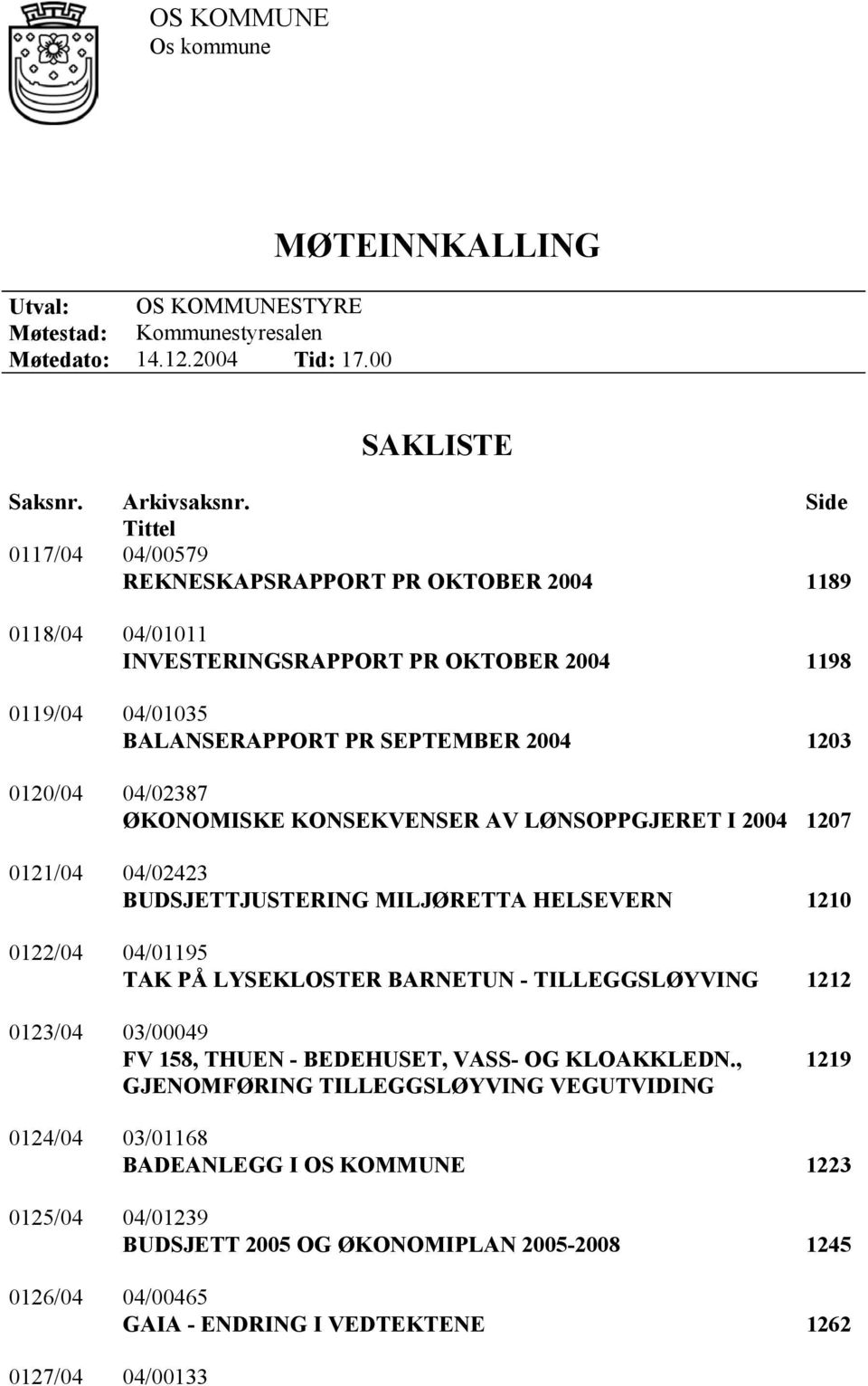 ØKONOMISKE KONSEKVENSER AV LØNSOPPGJERET I 2004 1207 0121/04 04/02423 BUDSJETTJUSTERING MILJØRETTA HELSEVERN 1210 0122/04 04/01195 TAK PÅ LYSEKLOSTER BARNETUN - TILLEGGSLØYVING 1212 0123/04 03/00049