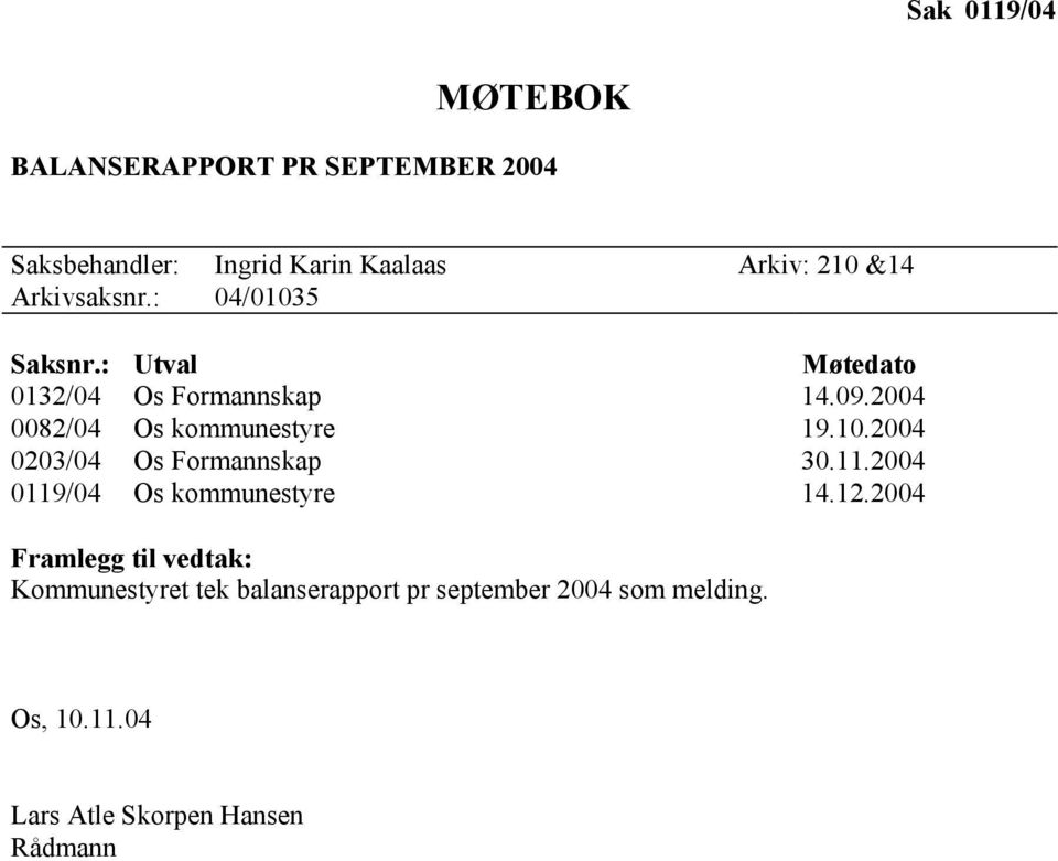 2004 0082/04 Os kommunestyre 19.10.2004 0203/04 Os Formannskap 30.11.2004 0119/04 Os kommunestyre 14.12.