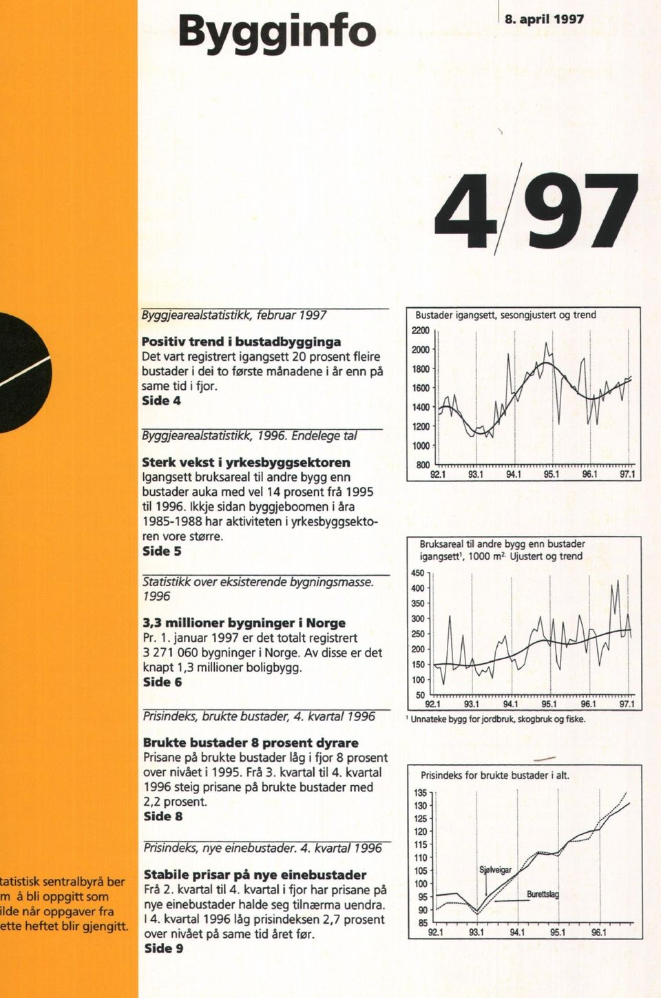 Side 4 Byggjearealstatistikk,. Endelege tal Sterk vekst i yrkesbyggsektoren Igangsett bruksareal til andre bygg enn bustader auka med vel 14 prosent frå 1995 til.