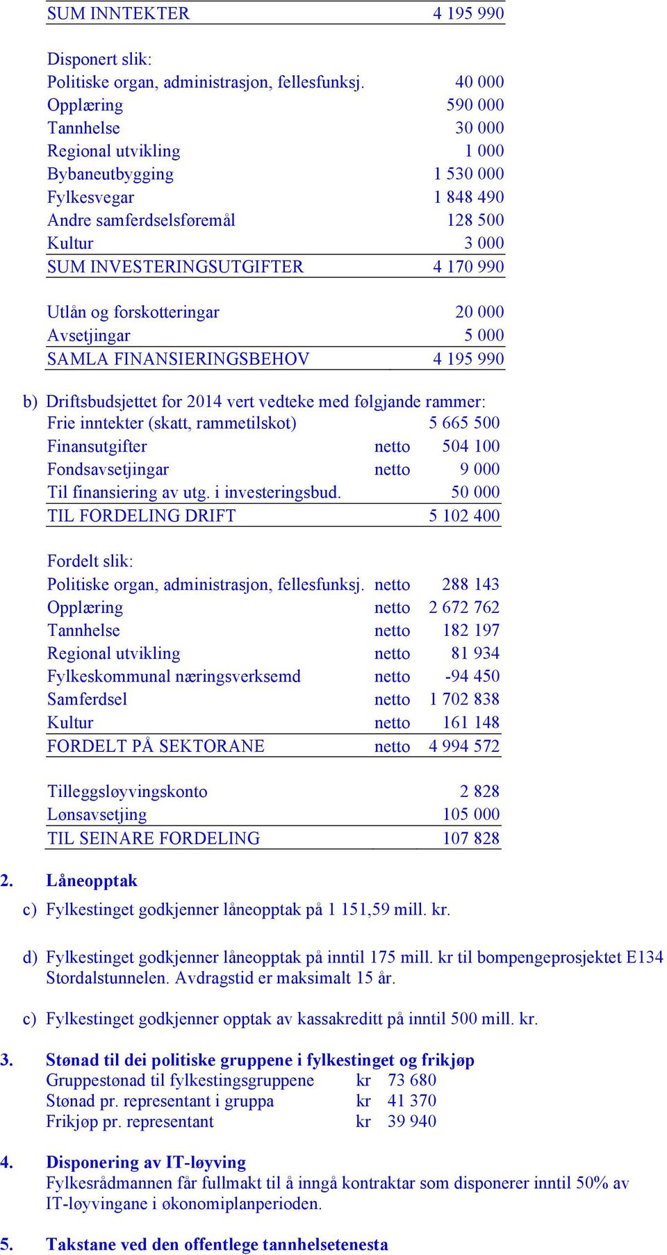 Utlån og forskotteringar 20 000 Avsetjingar 5 000 SAMLA FINANSIERINGSBEHOV 4 195 990 b) Driftsbudsjettet for 2014 vert vedteke med følgjande rammer: Frie inntekter (skatt, rammetilskot) 5 665 500